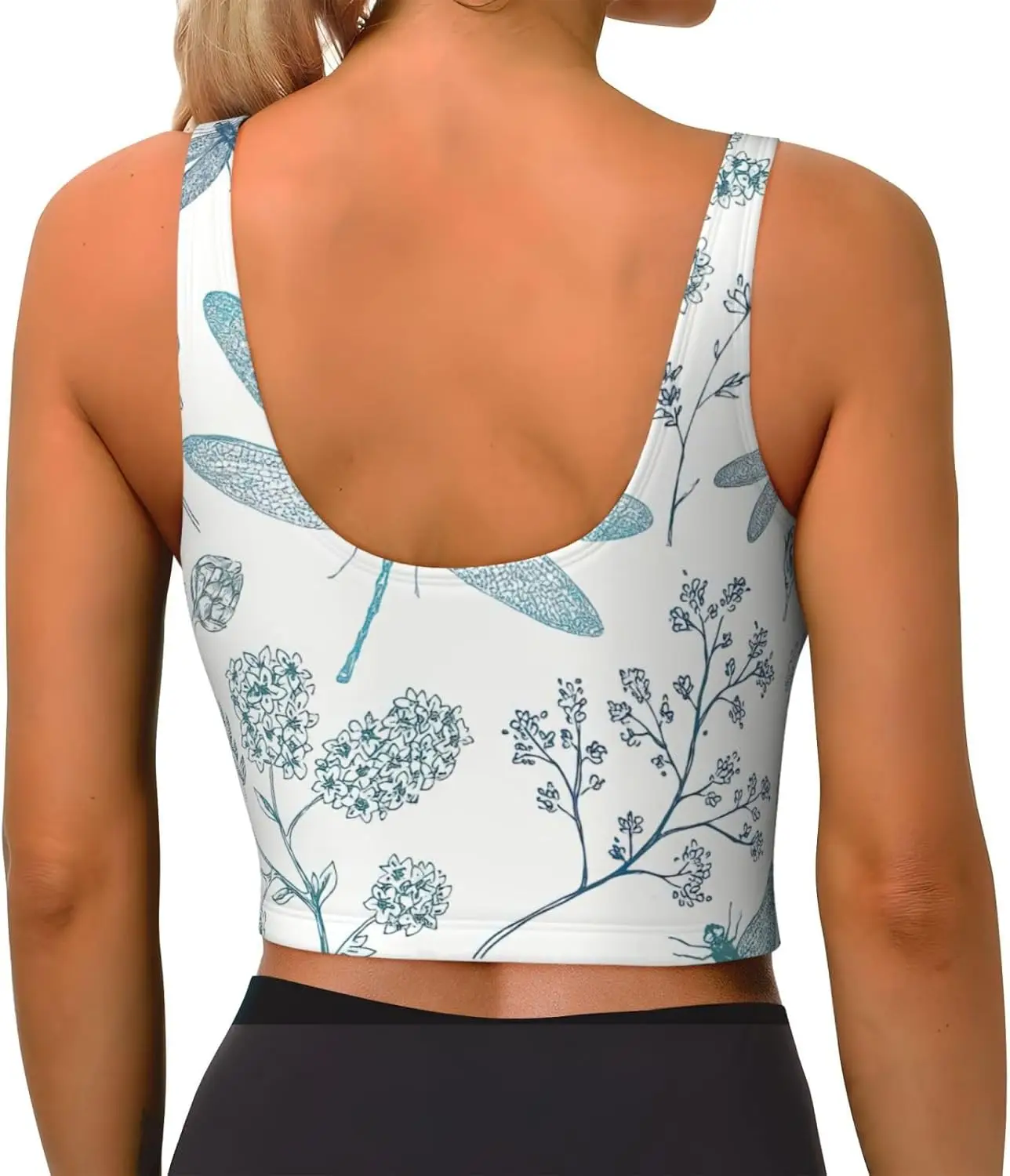 Camiseta sin mangas deportiva con estampado de libélula para mujer, chaleco de yoga ligero con acolchado extraíble