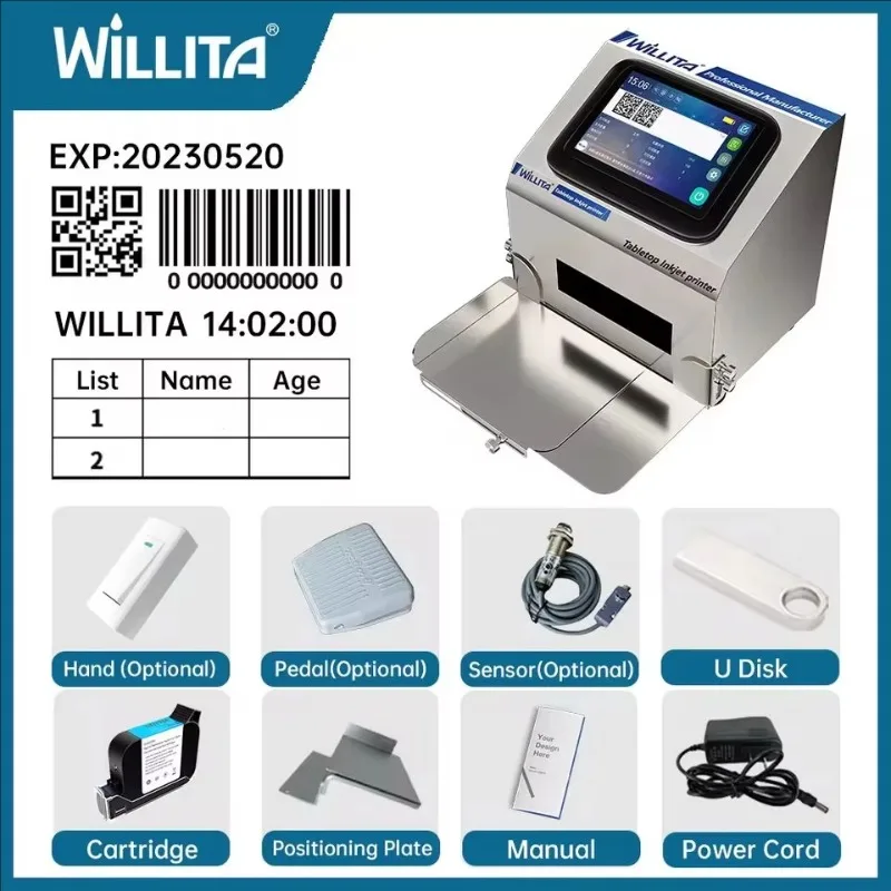 Willita J1 12.7mm 25.4mm Desktop Static Inkjet Printer 5 Inch Touch Screen for Expiry Date Logo Printing