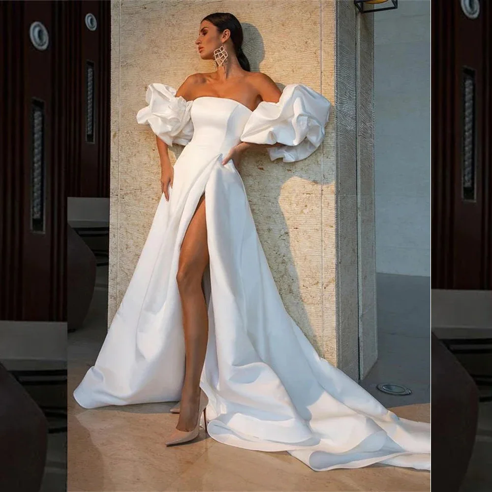 

Modest Boat Collar Satin Wedding Dress for Women with Removable Sleeve A-line Court Side Slit Wedding Gown vestidos de novia