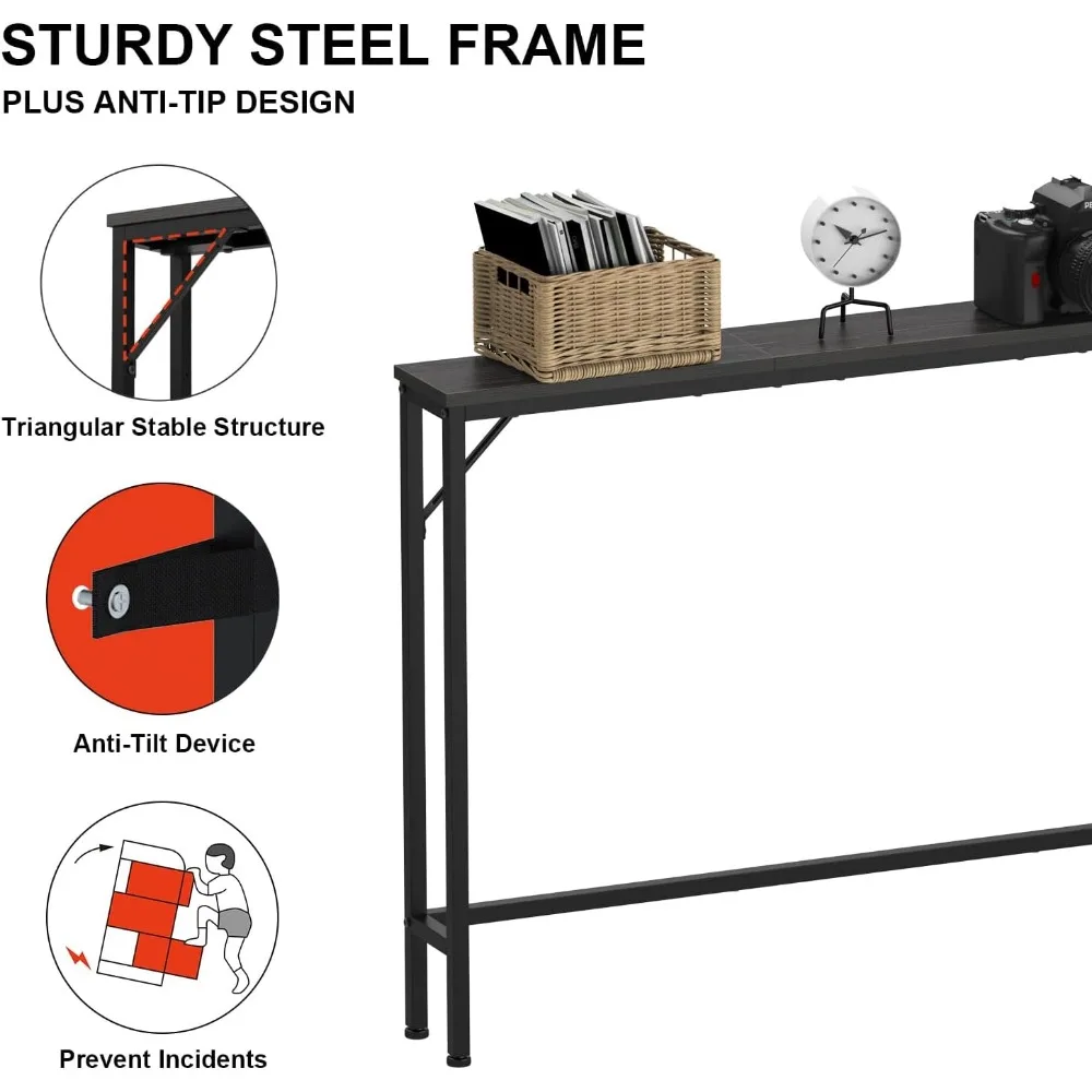 Skinny-Estreito Tabela Console Longo Com Tomadas De Energia, Entrada De Madeira Industrial, Portas USB, 5,9 "Tabela Console, 47,24"