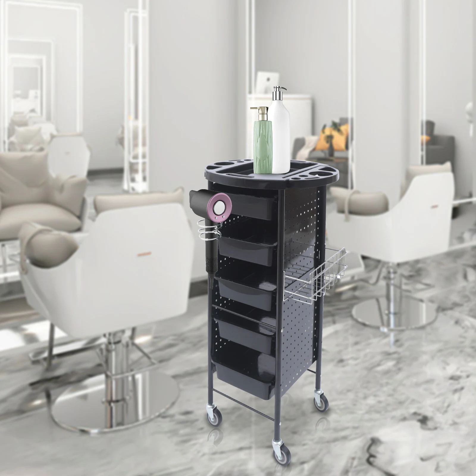 Professional Hairdresser Trolley Operating Beauty Salons Stack Cosmetic Multifunctional With Hair Dryer Holder Basket Wheels