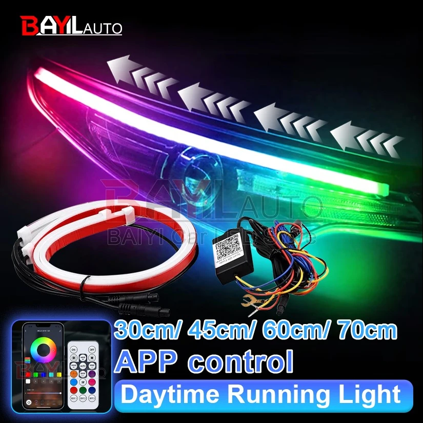 

2 шт. автомобильный указатель поворота RGB, светодиодные дневные ходовые огни 70/60/45/30 см, управление через приложение, синхронное рулевое управление, универсальный 12 В