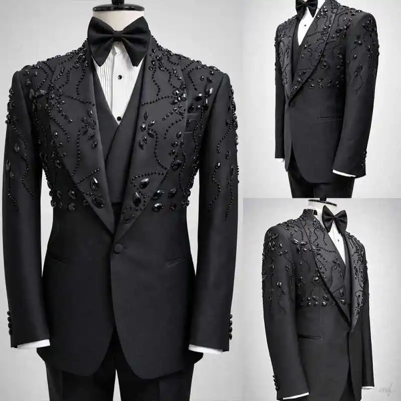 

Luxury Beading Wedding Groom Tuxedos 2 Pieces Jacket Pants Shawl Lapel Formal Occasion Party Customized Ropa Hombre