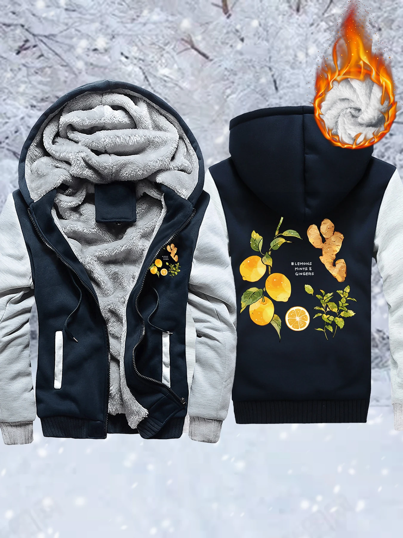 Lemons Mints Gingers Design Men Thicken Streetwear Zipper Winter Jacket Casual Oversized Autumn Coats All-Match Pocket Hoodies