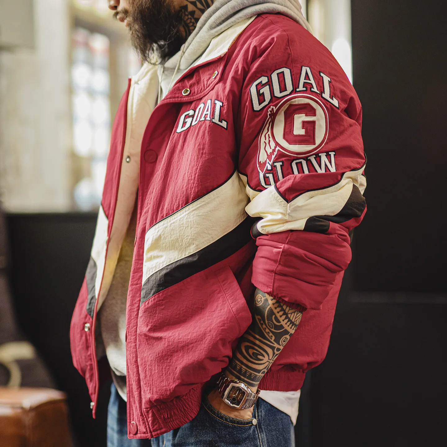 

Maden Thiened Retro Patchwork Racing Jaet Men's Winter Warm Cotton Coat Red Collar Stand up Youth Faion Polyester Fabric