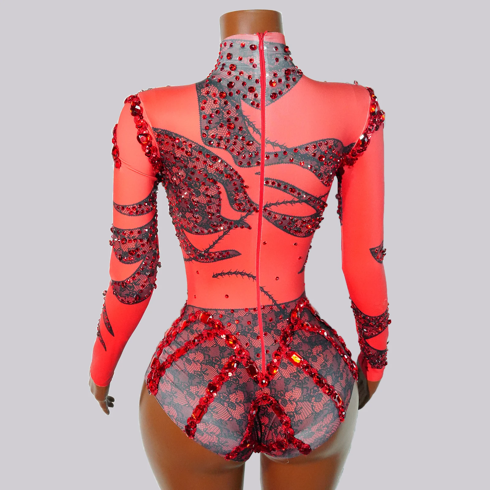 セクシーな赤いクリスタル長袖ボディスーツプリントパフォーマンスドラッグクイーン衣装ポールダンスフェスティバル誕生日歌手ゴーゴスを祝う