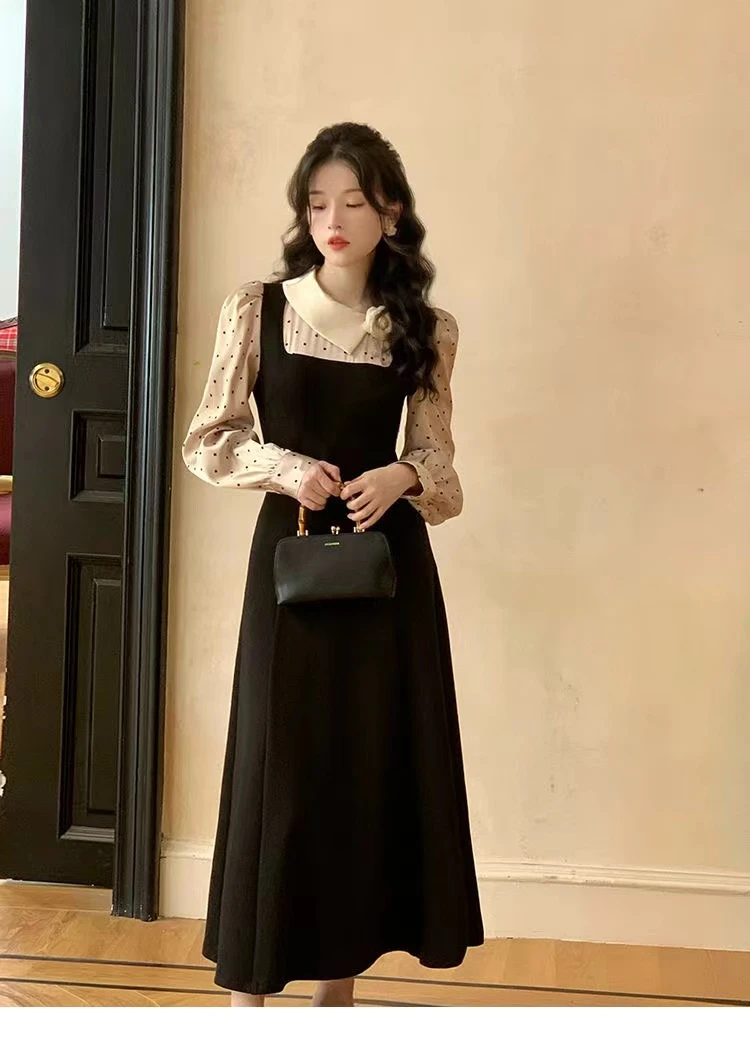 MiiiiX French Retro Fake Two-piece Long Dress Women 2024 Autumn Satin Polka Dot Contrast Patchwork Elegant Dress Female Clothes