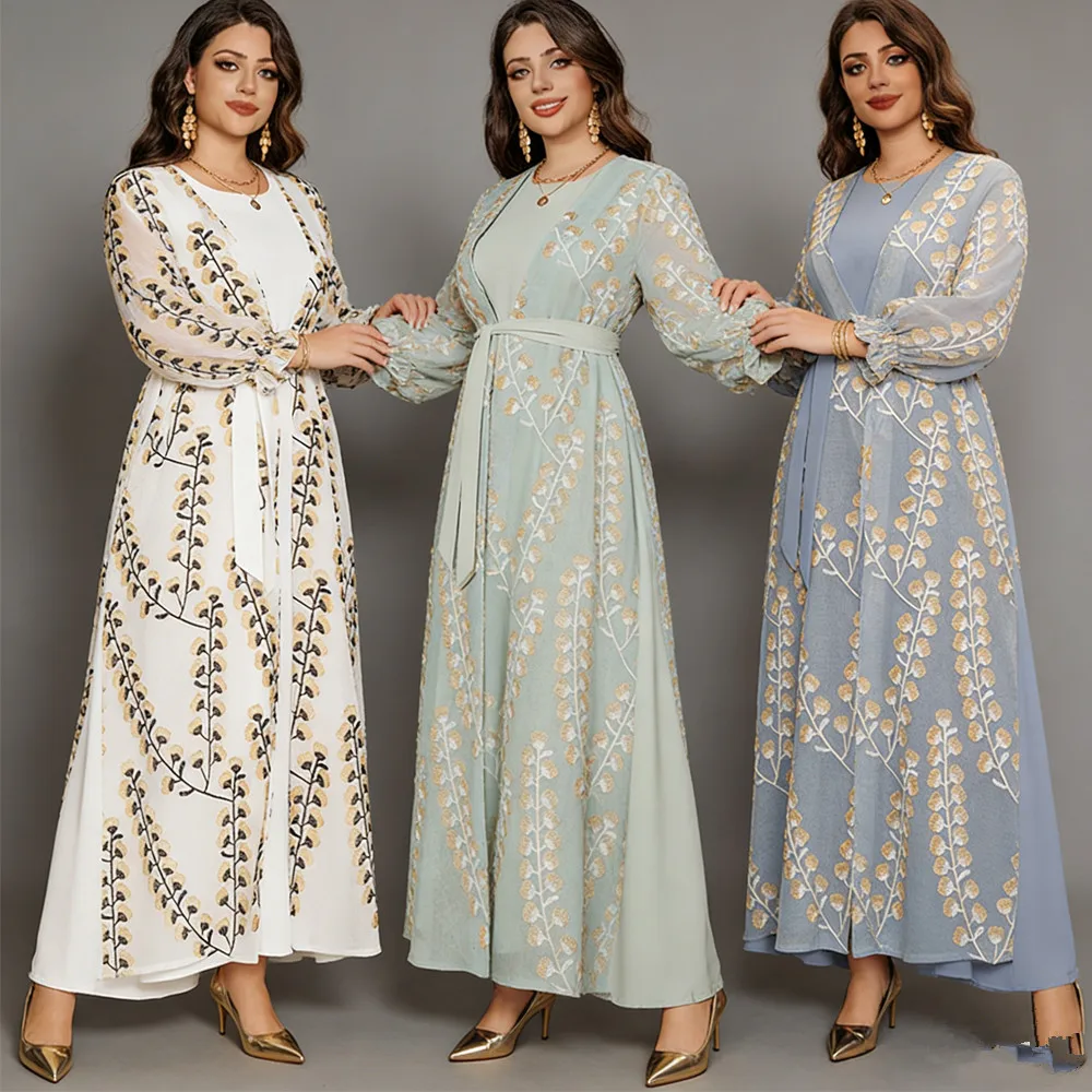 

Модное платье-абайя в марокканском стиле для женщин, дубайская женская джалабия, комплект из 2 предметов, вечернее платье с поясом, кафтан для Рамадана, джеллаба, роба для Ид