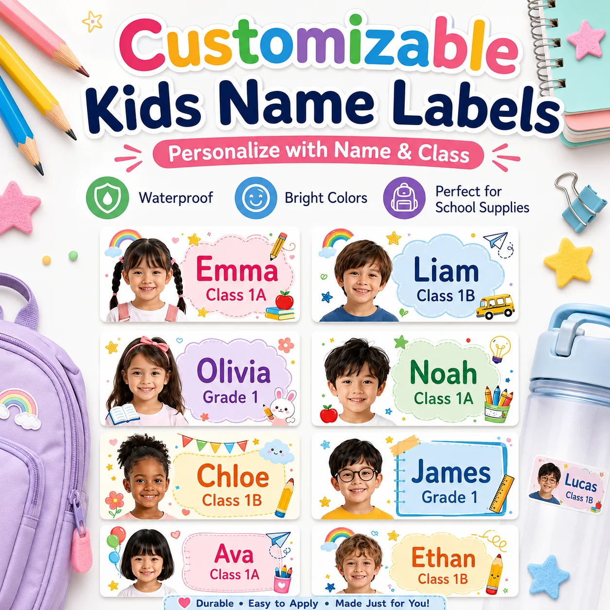 Custom Photo Name Stickers, 6CM Personalized Labels for Bottles, Lunch Boxes, Notebooks, Pencil Cases and Storage Boxes