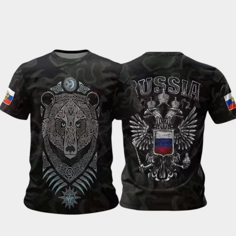 Russian bear Celtic knot T-shirt, printed with the double-headed eagle coat of arms and national flag, unisex top