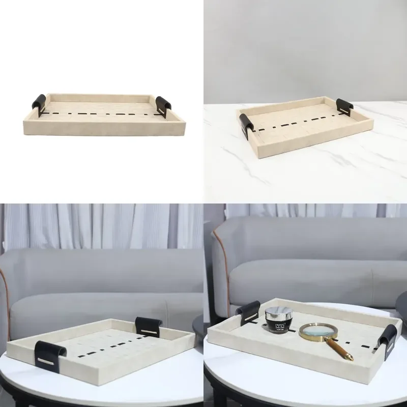 European Light Luxury Woven Pattern Leather Wood Tray Ornament for Living Room Coffee Table TV Cabinet Model Room Home