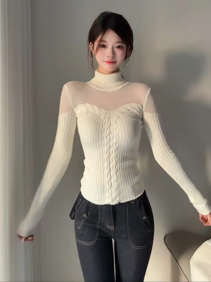 

Женский вязаный свитер с высоким воротником, весенний, модный, приталенный, с длинными рукавами, ажурный, с узором «косы», теплый, для повседневной носки, топ