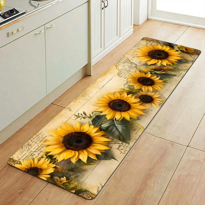 Vintage Sunflower Carpet Mat Rug Home Decoration Kitchen Floor Rug Long Hallway Retro Map Pattern Country Style Indoor Area Rug