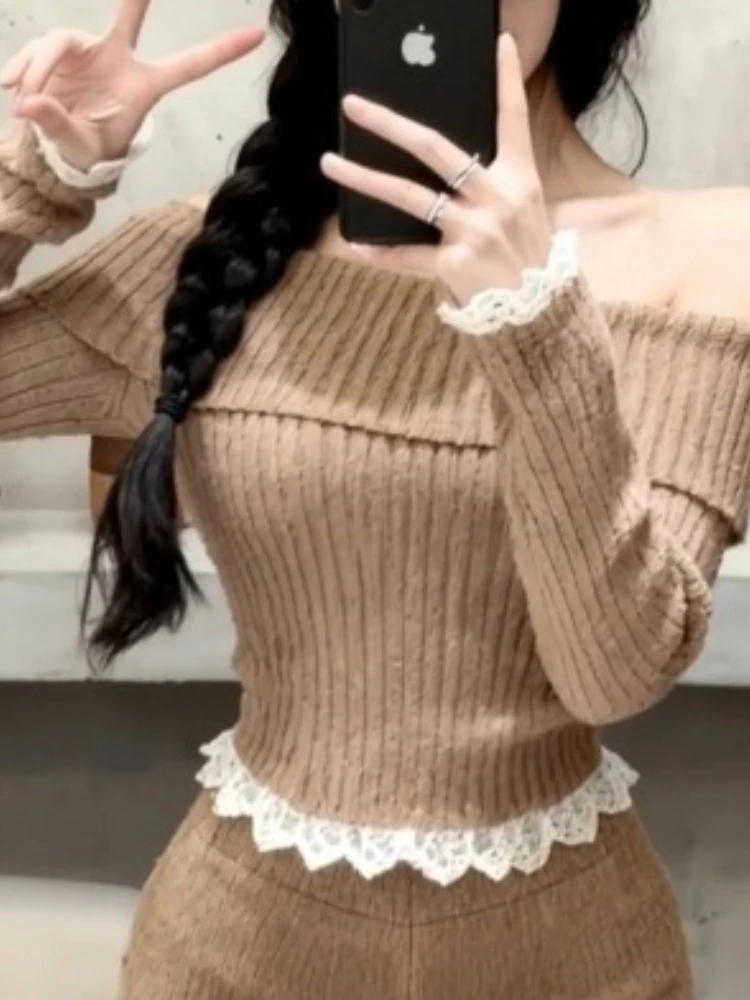 الموضة الفرنسية الحلو شيك قطعتين مجموعة المرأة سليم صالح خارج الكتف الدانتيل تقليم متماسكة أعلى عالية الخصر السراويل لطيف لينة فتاة الزي