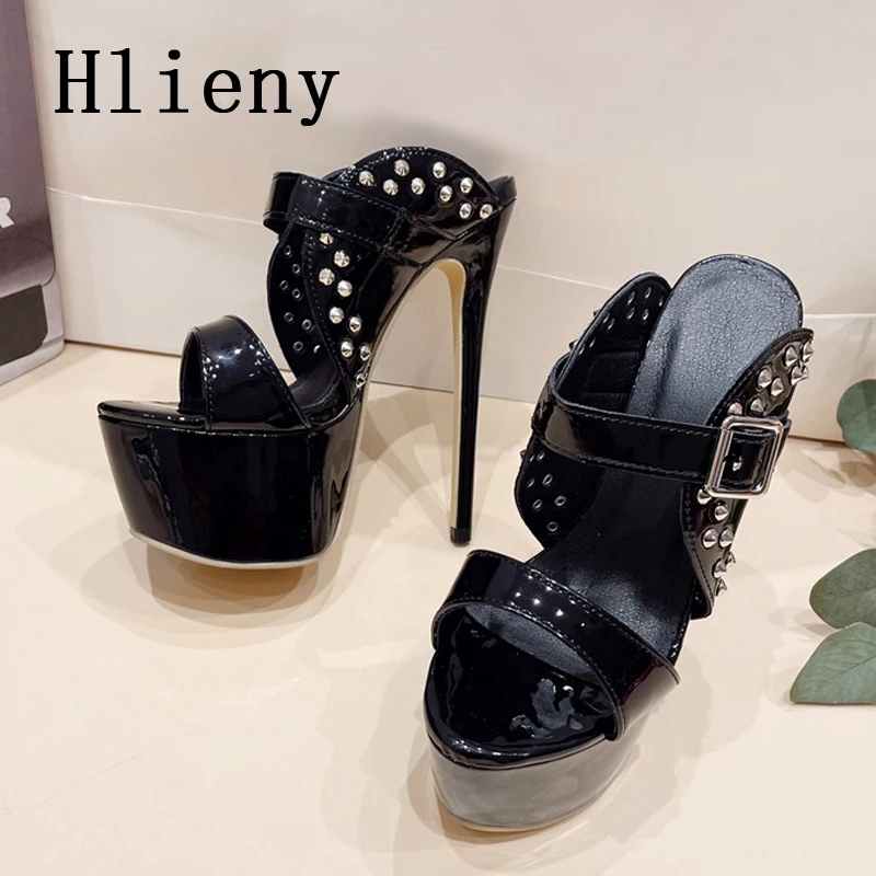 Hlieny Fashion Rivet Black Platform Slippers  Women Thin High Heels Sexy Peep Toe Party Stripper Shoes Pumps Sandals Size 35-42