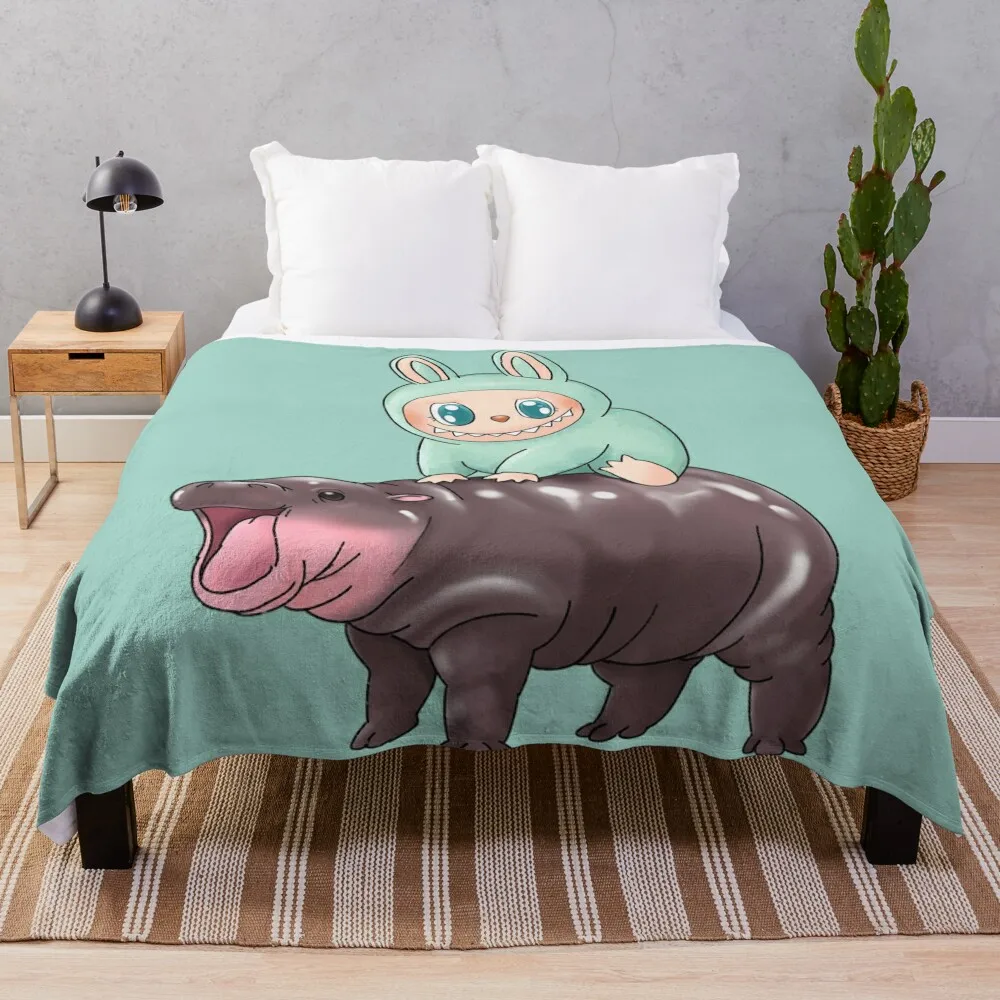 Labubu Riding Moo Deng Macaron Green Ququ Cute Throw Blanket Blankets For Sofas Plaid on the sofa For Decorative Sofa Blankets