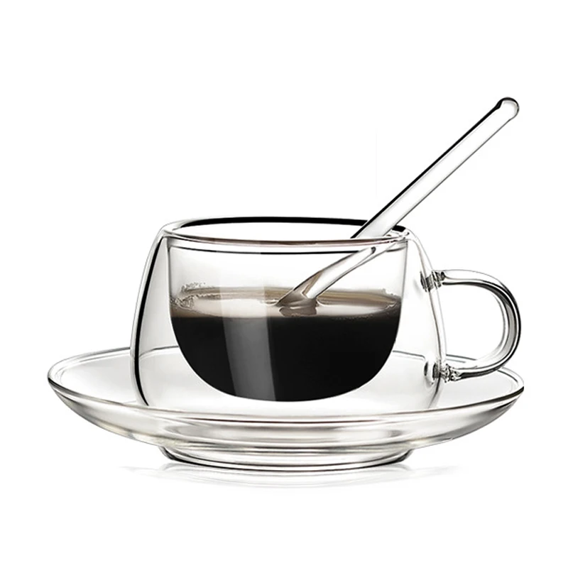 

Modern Minimalist Double-layer Glass Coffee Mug Creative Office Cup Home Double-layer Coffee Mug Set with Saucer Spoon