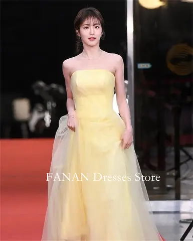 FANAN 맞춤형 옐로우 이브닝 파티 드레스, V넥, 한국 얇은 명주 그물, 민소매 웨딩 여성 가운, 이벤트 무도회 가운