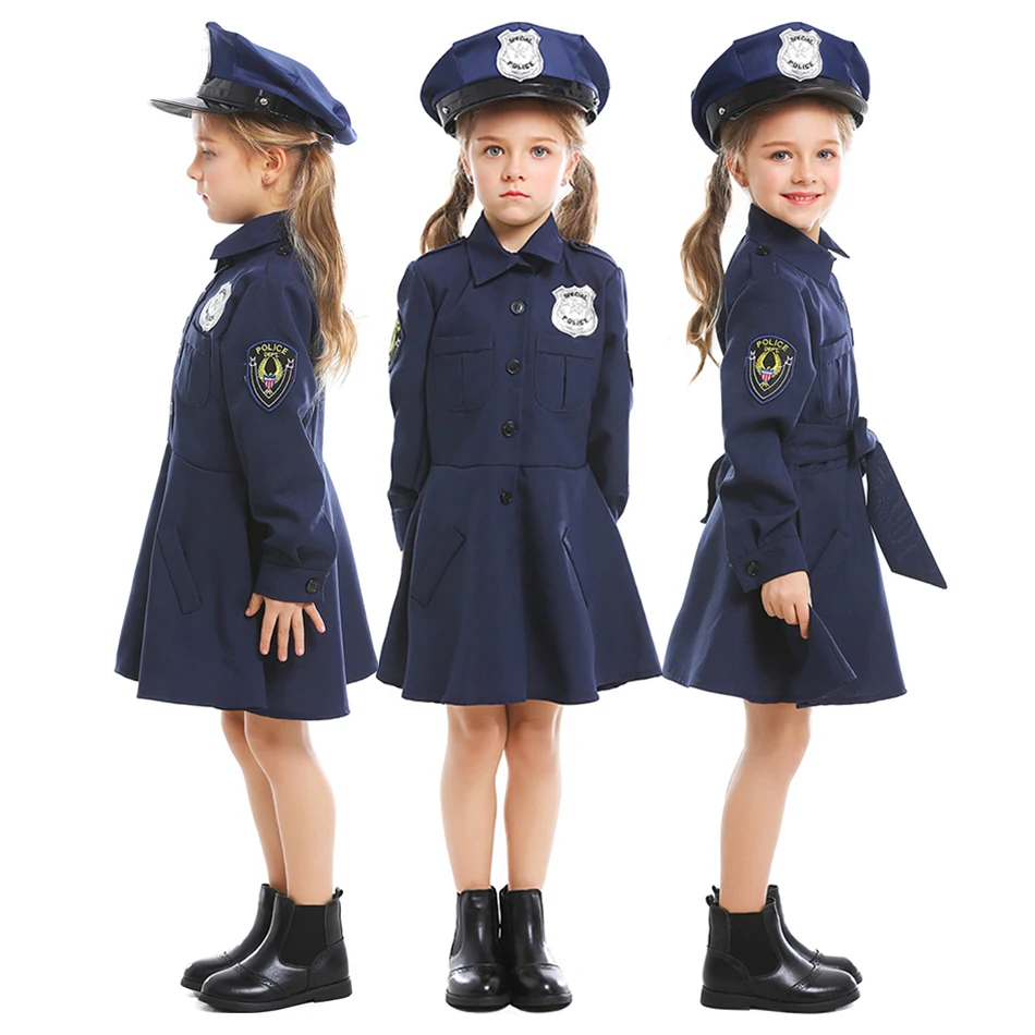 Girls Cute and Comfortable Halloween Police Long Sleeves Uniform Dress Up Kids Themed Party Performance Cosplay Dress