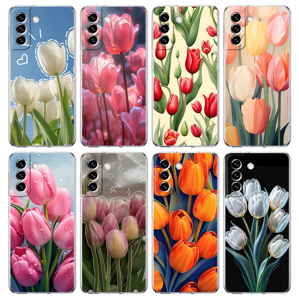 Tulip Transparent Cover for Samsung Galaxy S24 S23 S22 S20 S21 FE Ultra S24 S23 S10 S10E S9 Plus 5G Phone Case Capas Fundas Bags