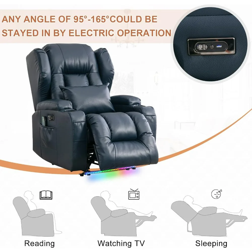 Power Recliner Chair with Massage & Heat, Comfy Home Theater Seating with USB Port, Led, Lumbar Pillow, Leather Recliner Sofa