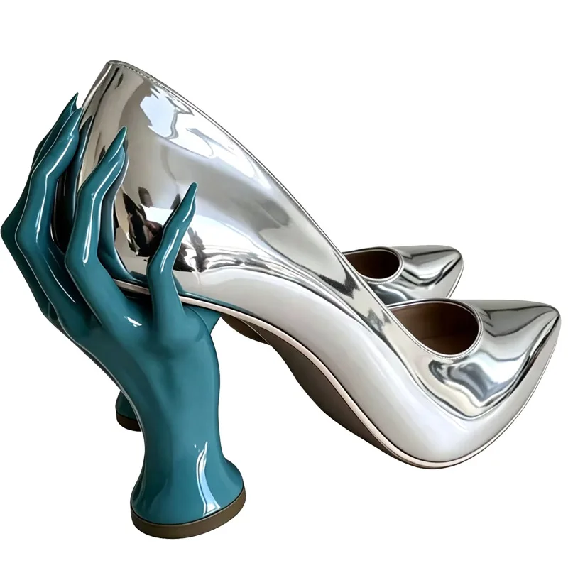 Stylish Blue Red Contrast Hand Finger Lifted Chunk Heel Pumps Blue Silver Bling Patent Leather Slip On Banquet Single Shoes