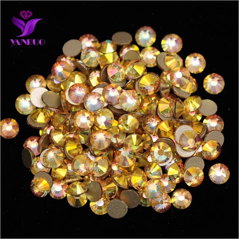 YANRUO 2058NoHF SS16-SS30 Metalic Sunshine Gold FlatBack Rhinestones Cold Fixation Non Hotfix Crystal Nail Art Gems For Dress