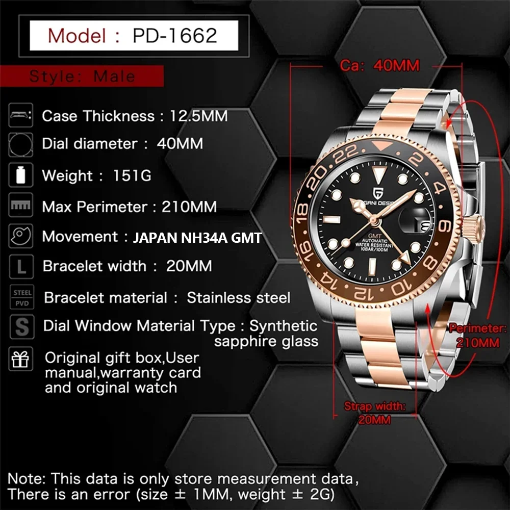 PAGANI DESIGN 2024 40MM New GMT Men Mechanical Watches NH34 AR Sapphire Automatic Watch 100M Waterproof Sports Watches for Men 