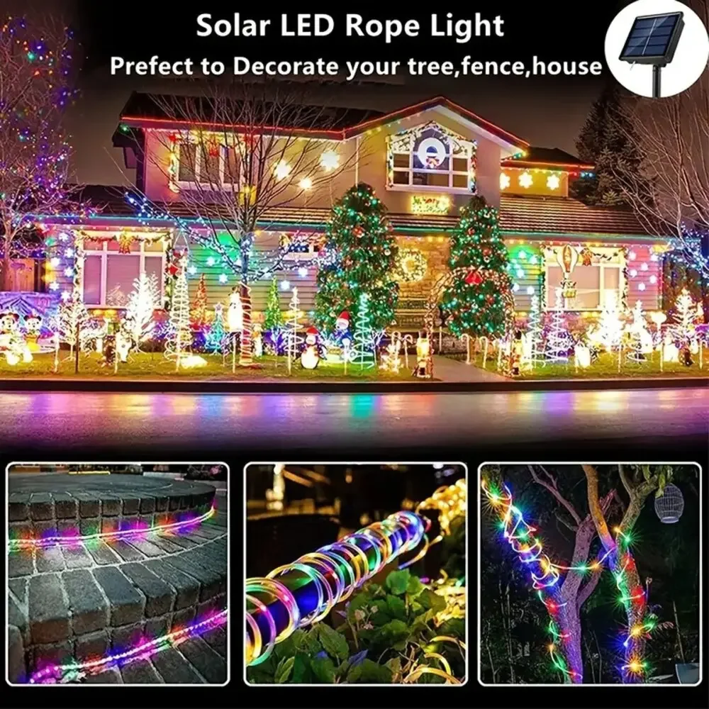 Outdoor LED Solar Tube Rope Fairy Light Waterproof Christmas Decoration String Lamp For Garden Fence Yard Balcony