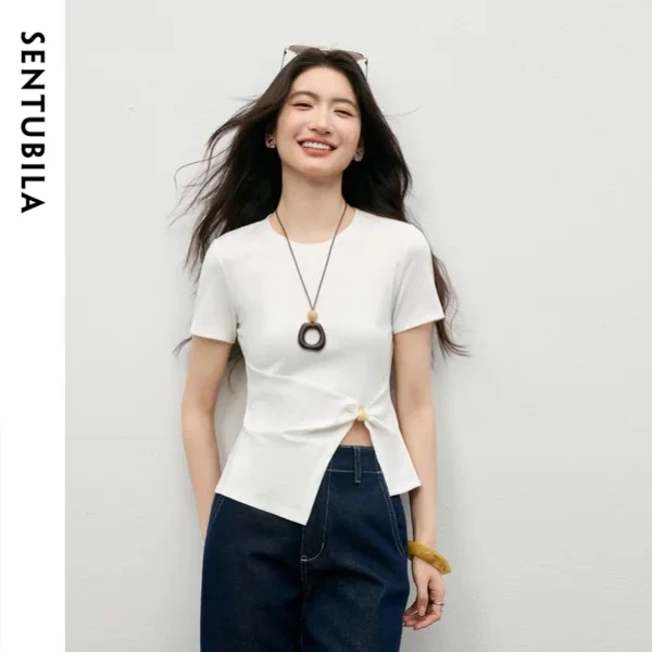 

SENTUBILA Women's Crew Neck Knit T-Shirt Summer White Fashion Twist Bead Decor Slit Hem Casual Slim Short Sleeve Top 162TL5423