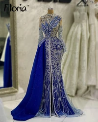 Robe de soirée bleue musulmane du Moyen-Orient avec perles, robes de Rhsur mesure pour les mariages, quelle que soit la grande taille, luxe, 2023