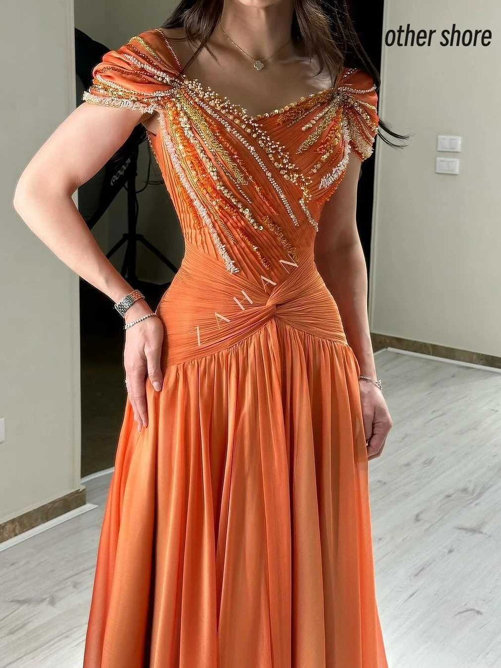 Andere Ufer elegante Vintage süße orange Perlen Chiffon Rüschen Sommer anpassen formale Gelegenheit Abschluss ball Kleid Abend Party Kleider