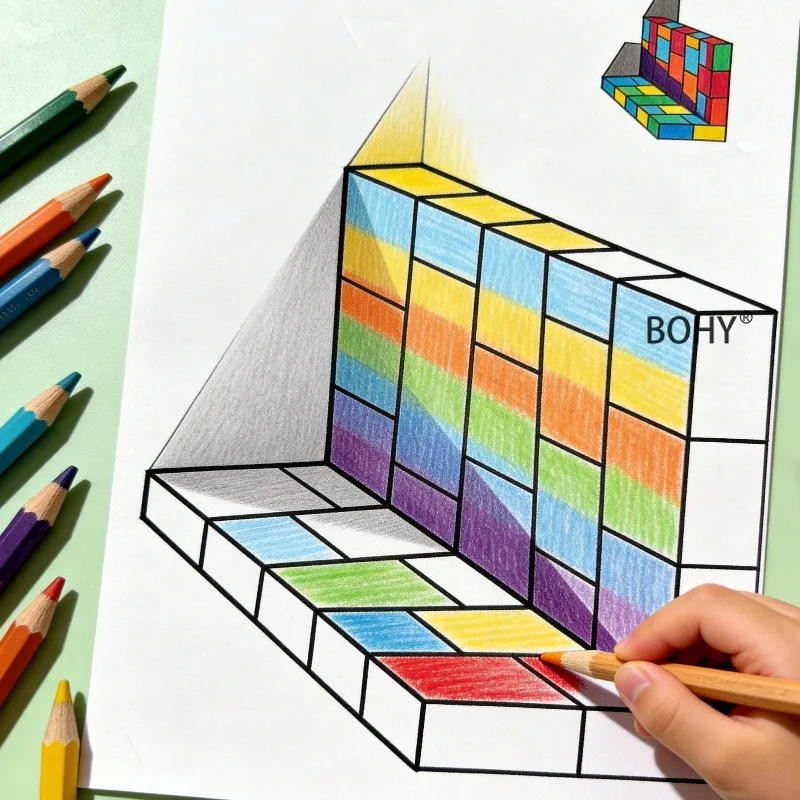 A 3D Geometry Graffiti Drawing Album with 16 Pages Adults Relieve Stress At Home To Pass The Time Stimulates Spatial Imagination