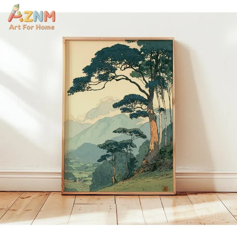 AZNM Japanese Ukiyo-e Style Canvas Wall Art, Crane Koi Pine Tree Oriental Vintage Nature Illustration Print, Unframed Canvas Pai