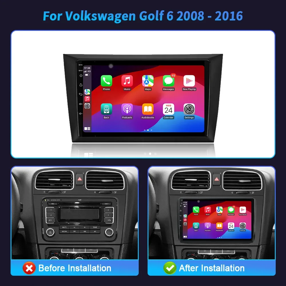 Android OS สําหรับ Volkswagen Golf 6 2008-2016 รถวิทยุมัลติมีเดียอัจฉริยะ 4G GPS ไร้สาย Apple BT CarPlay หน้าจอสัมผัสสเตอริโอ