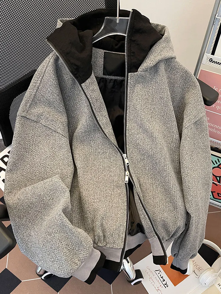 

Retro American Double Zipper Fake Two-Piece Woolen Coat Men Women Autumn Winter Loose Casual Hooded Knitted Sweater Top Trendy