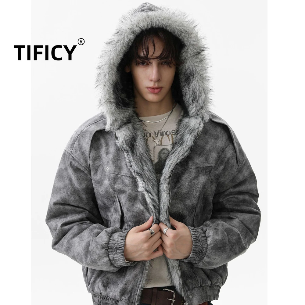

Winter Warm Thick Bread Hooded Jackets Men's Clothing Mountain Carving Hair Collar Coat Street Plush Padded Hoodies Coat