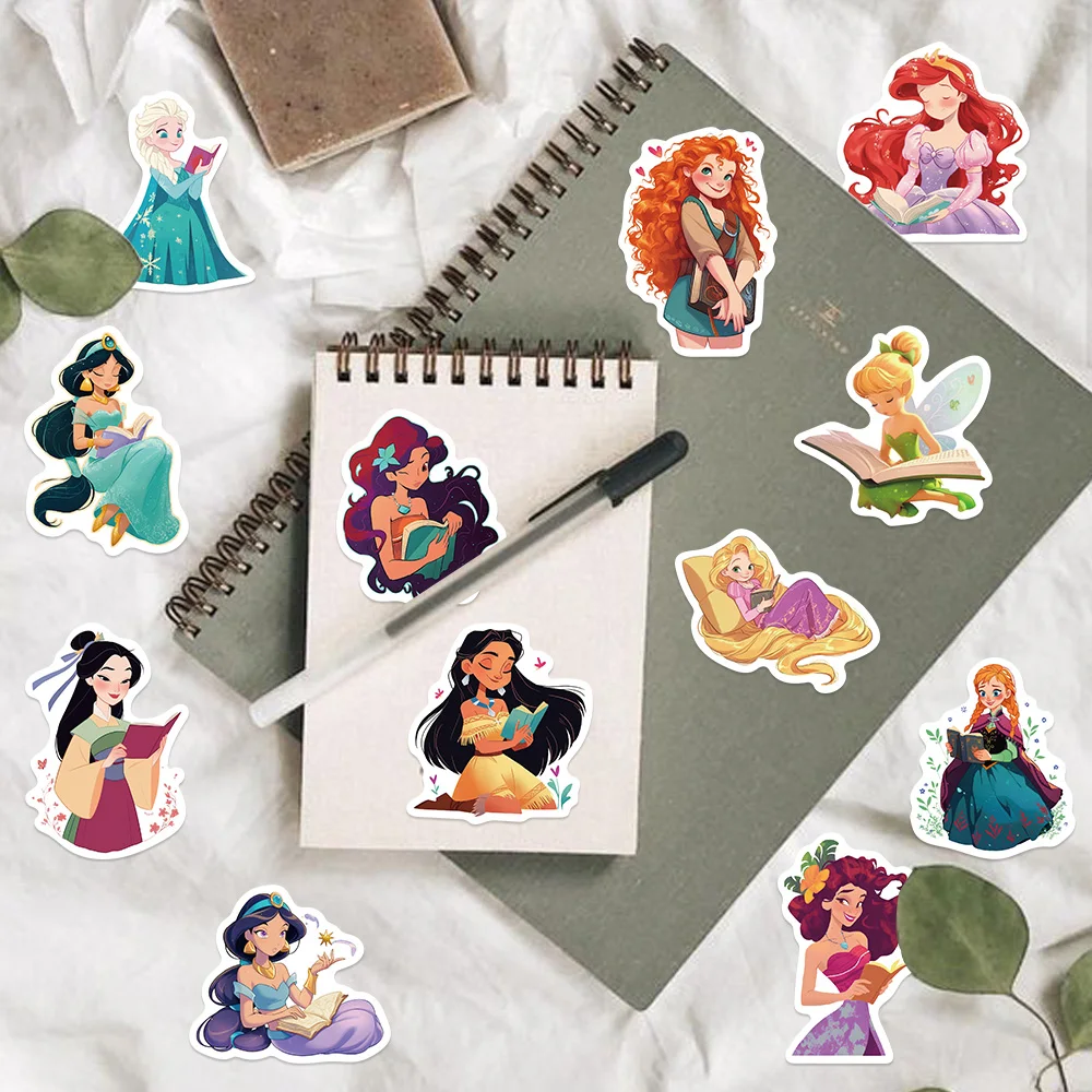 50pcs Ariel Belle Disney Princess Reading Book Stickers DIY Scrapbook Notebook Phone Laptop Guitar Luggage Sticker Toy