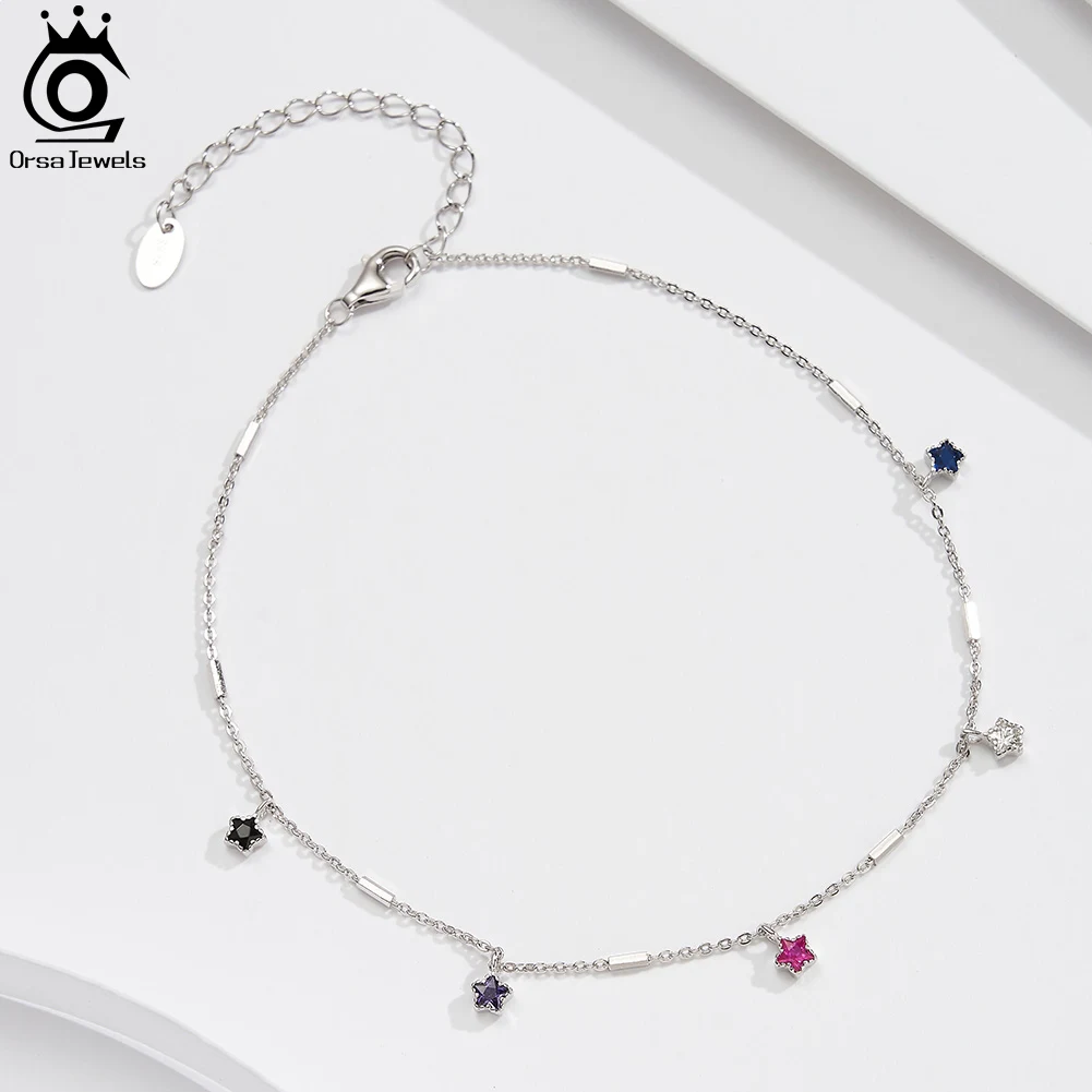 ORSA JEWELS 925 Sterling Silver Cable Chain Anklet with Colorful Star Zircon for Women Adjustable Summer Straps Jewelry SA92