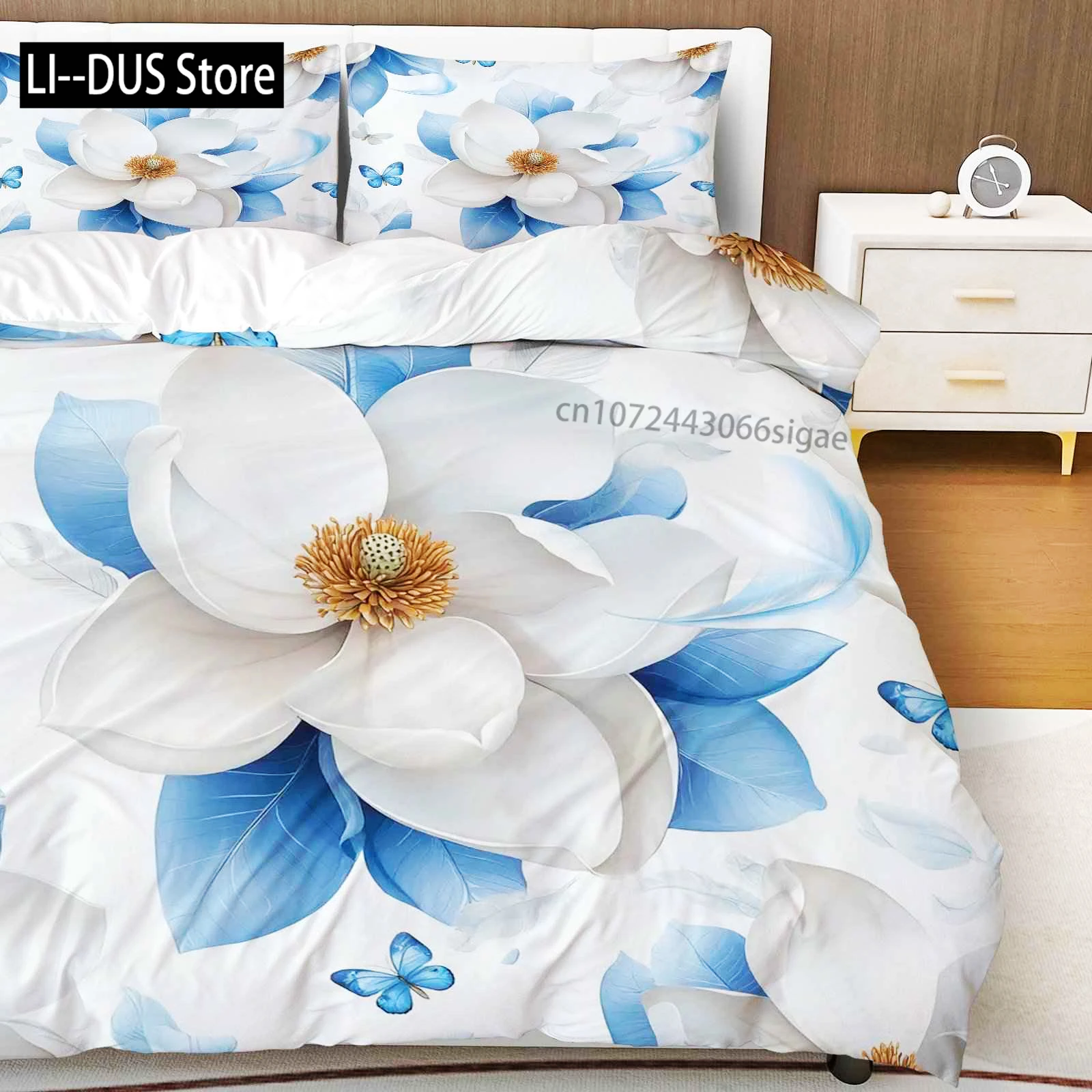 

3pcs Duvet Cover Set White Flower Blue Leaves Feather Butterfly Theme Perfect For Bedroom Living Room Hotel Lounge Decoration