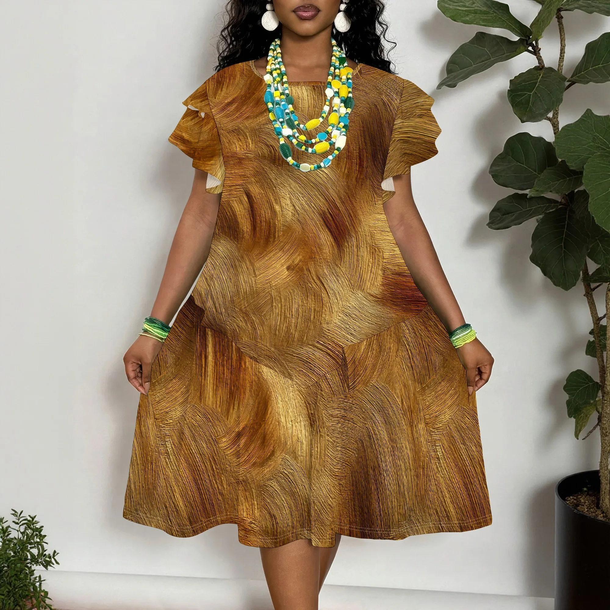

Plus Size Women's Short Sleeve T-Shirt Dress with Abstract Golden Brushstroke Print