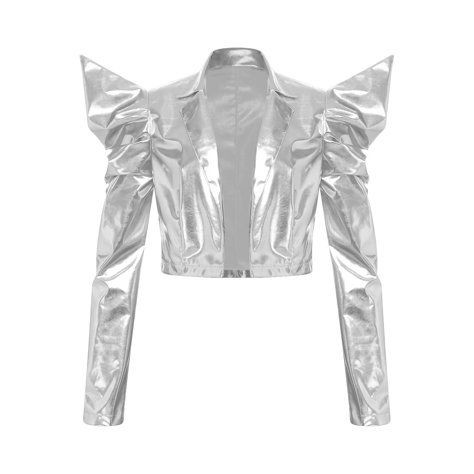Womens Metallic Shiny Crop Jacket Dramatic Puff Sleeve Long Sleeve Open Front Crop Blazer Outerwear for Pole Dancing Costume