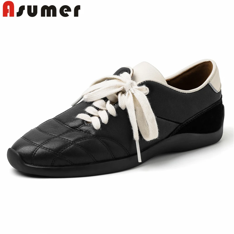 

ASUMER INS Fashion Genuine Leather Shoes Women Sneakers Lace Up Fashion Casual Shoes Black Brown Ladies Footwear Flats