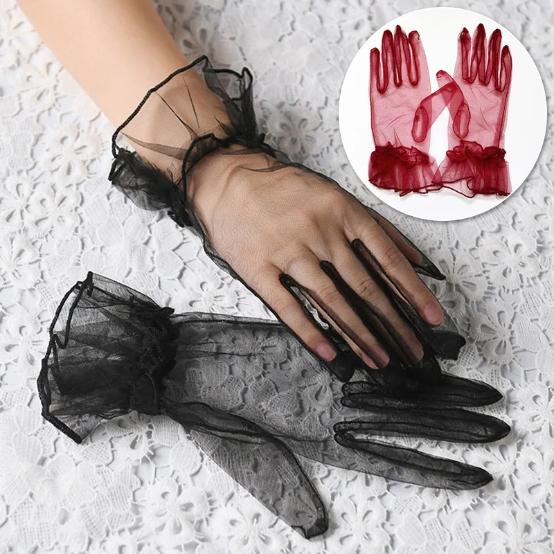 Wedding Tulle Gloves for Women Bridal Ultra Thin Sheers Mittens Black White Short Mesh Full Finger Gloves Party Jewelry