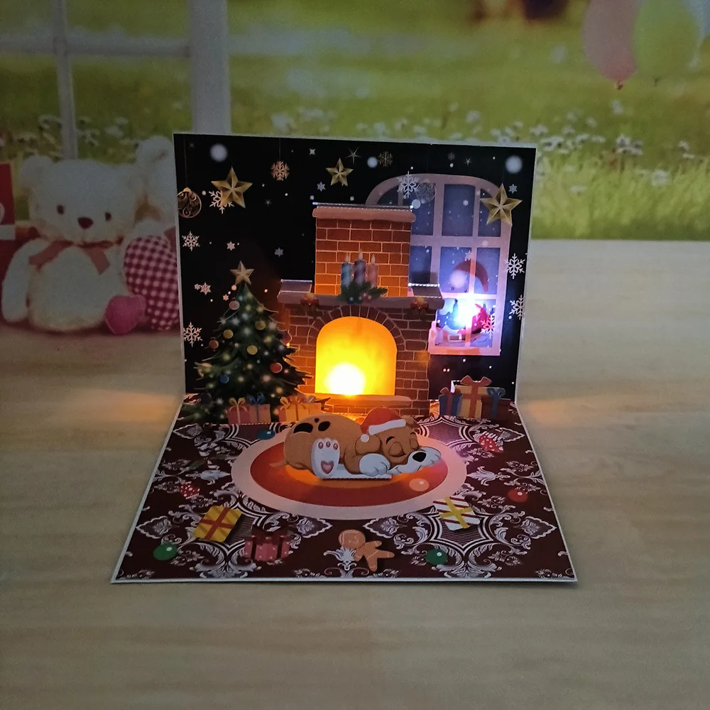 1PC Christmas Blessings Music Lights Projection Elderly Fireplace 3D Stereoscopic Greeting Card Paper Sculpture New Year Card