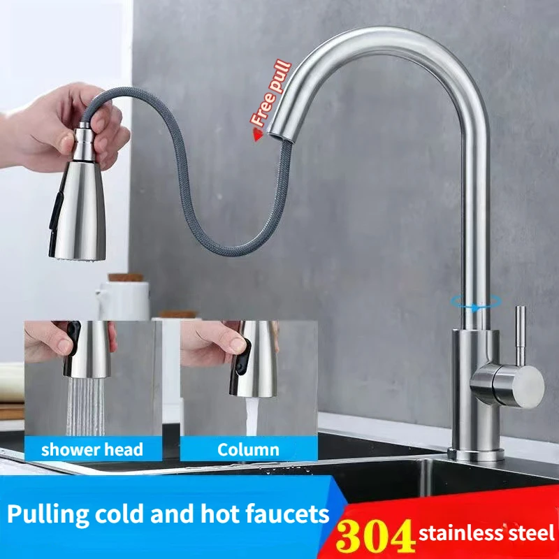 Kitchen Faucets Flexible Pull-Out Sink Mixer Tap 2 Modes Nozzle Cold And Hot Water Faucet 360° Stainless steel Rotation Faucet