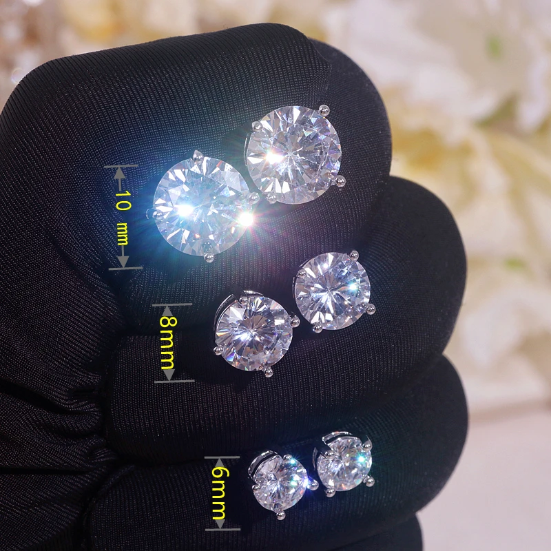 6/8/10mm Classic Silver Color Round White Zircon Stone Stud Earrings for Women Men Wedding Party Earrings Birthday Jewelry Gifts