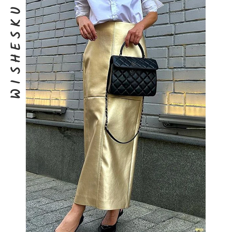 Elegant Metallic Gold PU Leather Skirts For Women 2023 Fashion High Waist Office Long Skirt Casual Classic Skirt Female Clothing