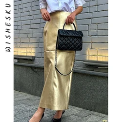 Elegant Metallic Gold PU Leather Skirts For Women 2023 Fashion High Waist Office Long Skirt Casual Classic Skirt Female Clothing