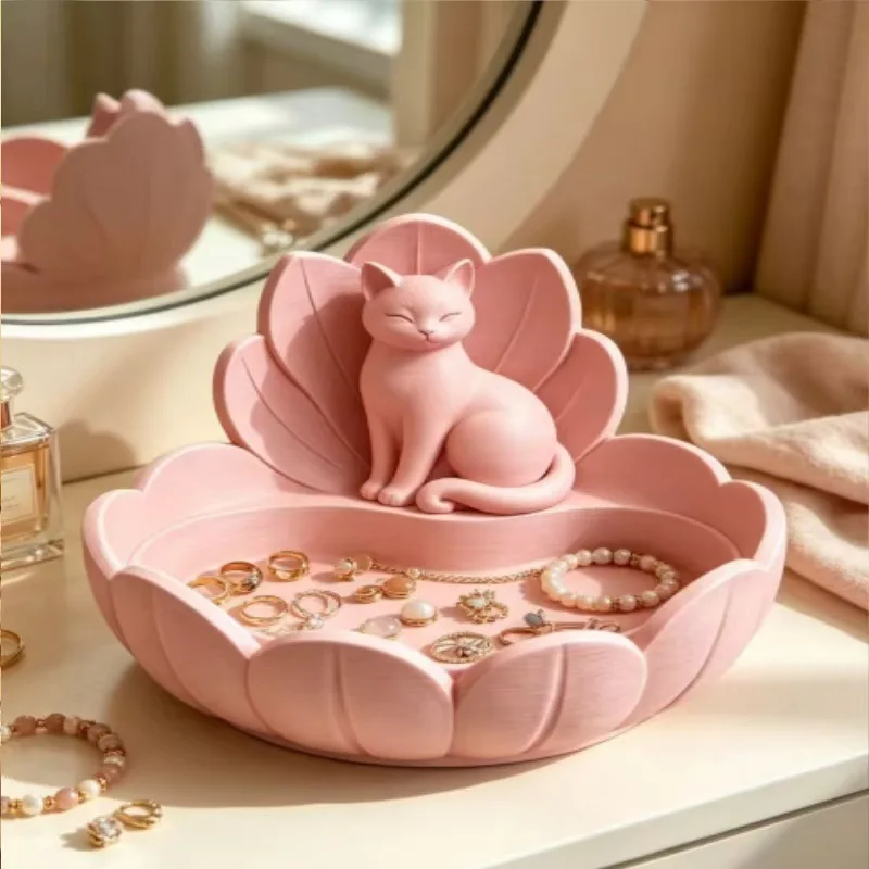 Resin Cat Lotus Jewelry Storage Tray Cute Kitten Figurine Trinket Dish Desktop Organizer for Rings Earrings Keys Home Decoration